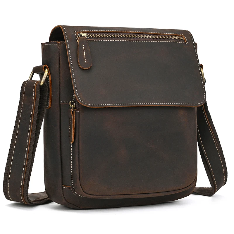 Men's Vintage Genuine Leather iPad Messenger Bag Thick Cow Leather Shoulder Bag Small Casual Crossbody Bag Cowhide Briefcase