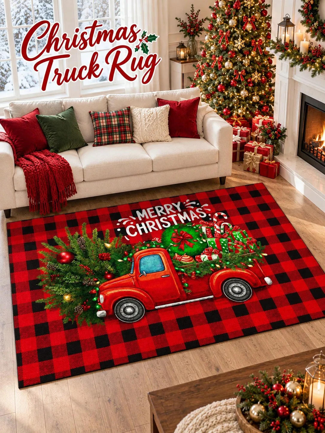 Christmas Rug Pickup Plaid Tree Lettering Floor Decor Carpet Living Room Bedroom Dining Area Entryway Apartment Cabin Winter Home Styling Beside Sofa Coffee Table Housewarming Birthday Gift for Family Friends Neighbors Homeowners Holiday Celebrations