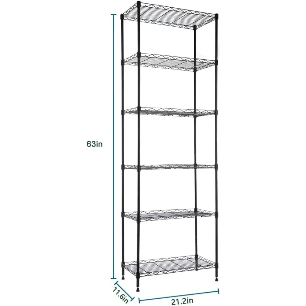 REGILLER-6 Wire Shelving Steel Storage Rack, Prateleiras Unidade ajustáveis para Lavandaria, Banheiro, Cozinha, Despensa Closet, Preto, 21.4L x 1