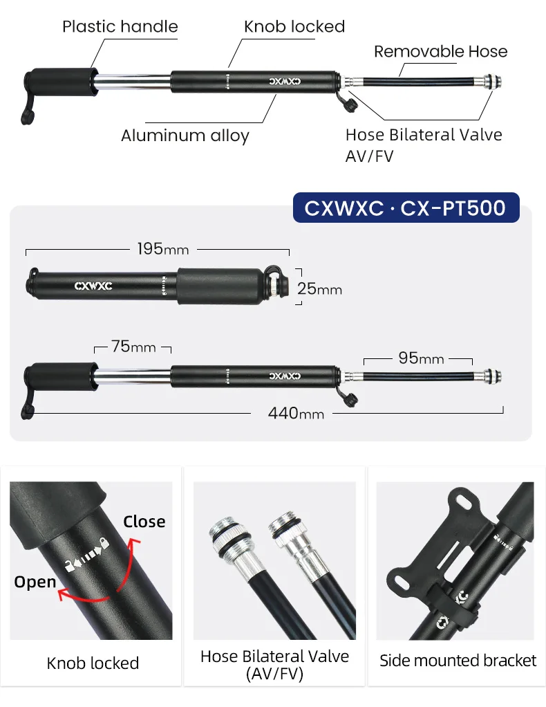 CXWXC Mini-Fahrradpumpe, max. 160 psi, tragbar, Schrader, Presta-Ventil, Luftpumpe, Aluminiumlegierung, Radfahren, versteckter Schlauch, Reifen, Handluftpumpe – Detail 12