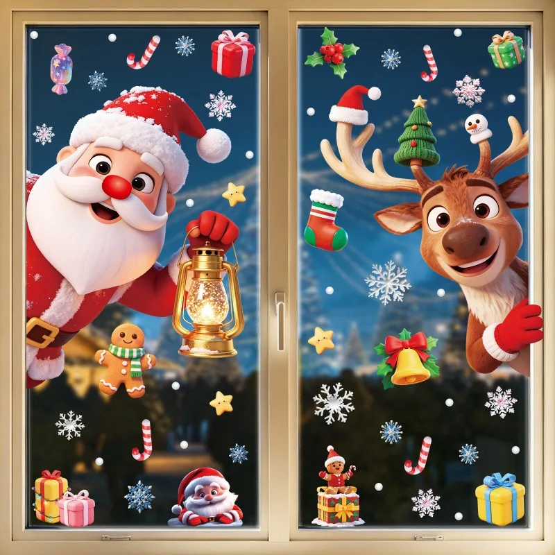 Cute Christmas Reindeer Window Cling, Static Removable Glass Sticker, Holiday Festive Decor for Home Shop