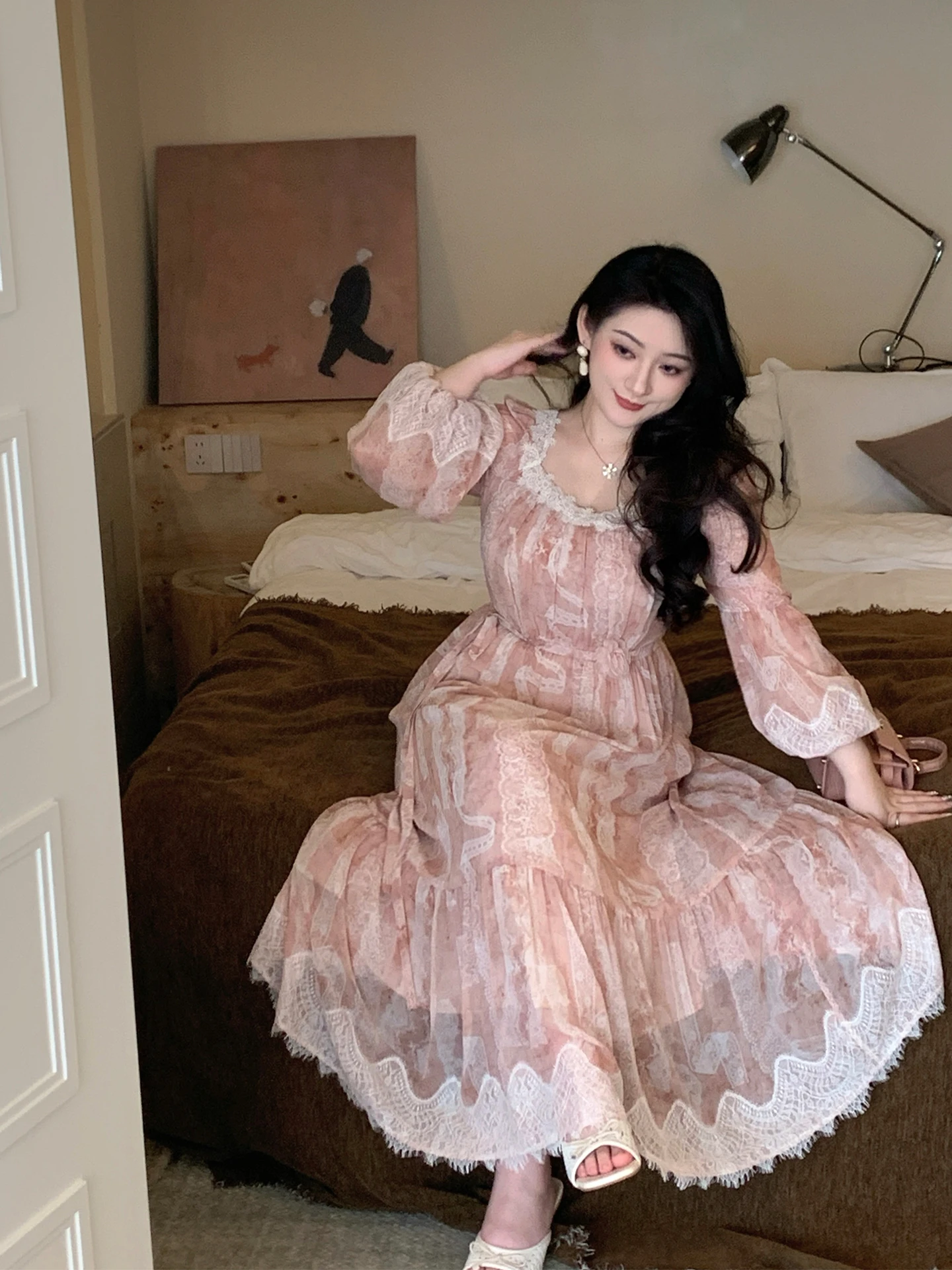 

Romantic Floral Print Maternity Spring Summer New Style Dress Gentle Vacation Theme Long Sleeve Princess Skirt Style Dress