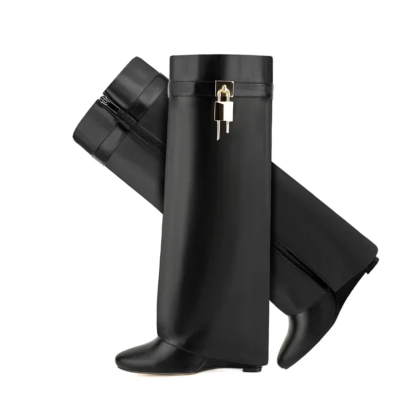 

2024 European and American Fashion Women's Knee Long Boots Thick Sole High Heel Side Zipper Slope Heel 45 Women's Long Boots