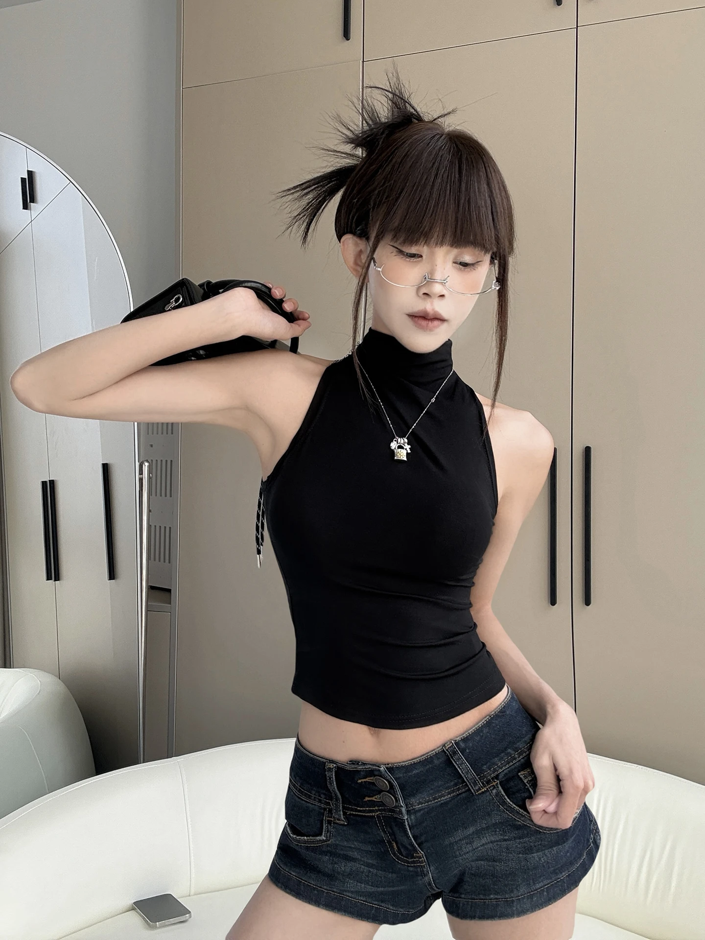 

MianCun High Intelligence Soft Hanging Cool Lyocell Backless Sleeveless Collar Bared Top Women's Fashion Summer Breathable ...