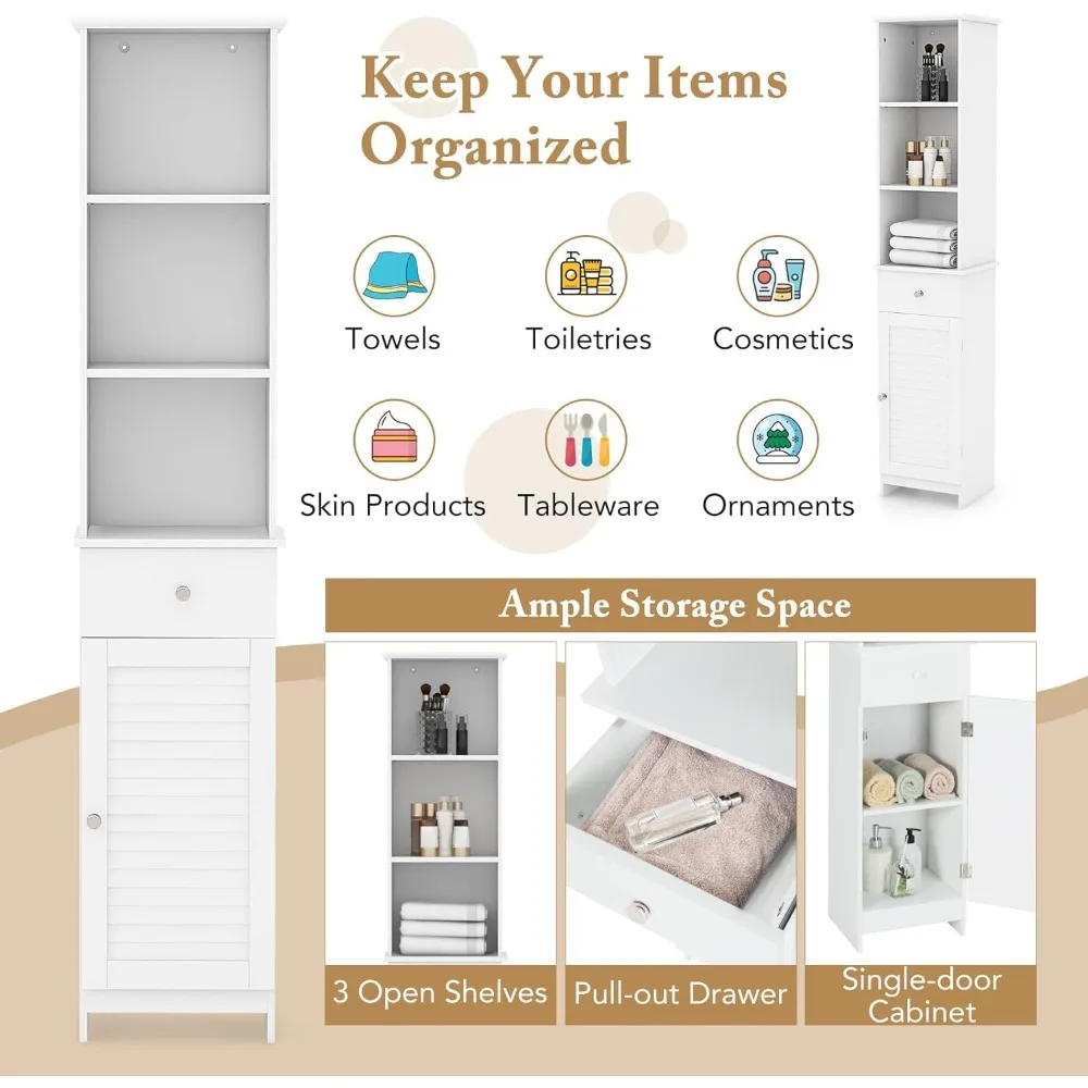 خزانة حمام طويلة بطول 64.5 بوصة، وخزانة تخزين ذات أرضية ضيقة مع أرفف قابلة للتعديل، وباب واحد ودرج واحد، ومضادة للانزلاق