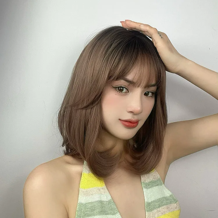 

Wig women's short hair, pear blossom head, shoulder length, full top hair set, natural fluffiness, collarbone hair, curly hair