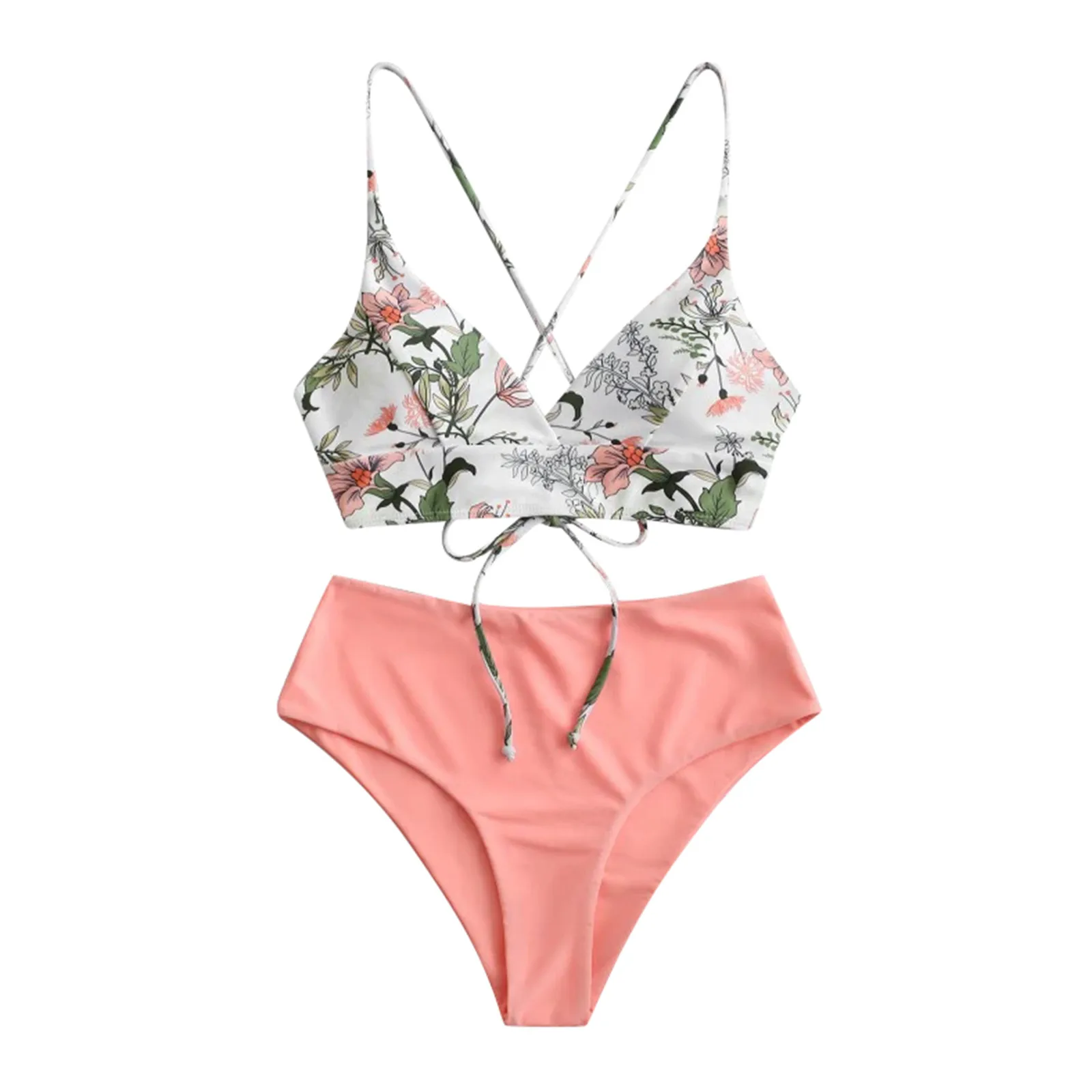 Bikini con tirantes de flores estampados, traje de baño Sexy de cintura alta con colisión de colores, almohadillas de sujetador extraíbles de tamaño de dos piezas, traje de baño informal