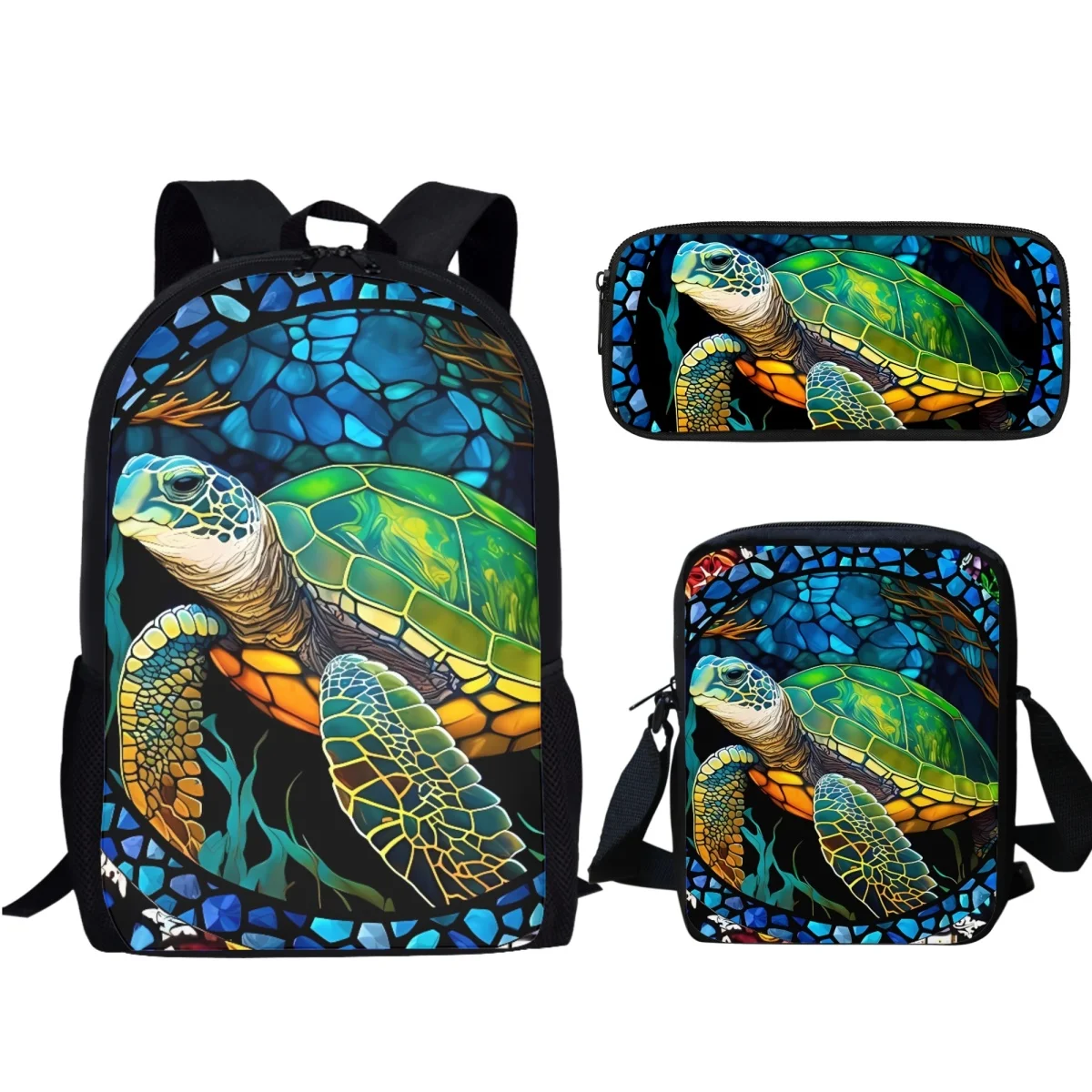 Bling Neon Sea Turtle Backpack Set Personalized Lunch Box Pencil Case for Boys Girls 3 Pieces Backpacks Teenagers School Bags