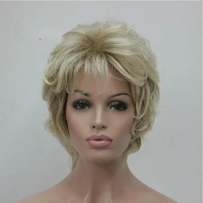 Short Layered Curly Mix Blonde Heat  Hair Blend Women Daily Wigs