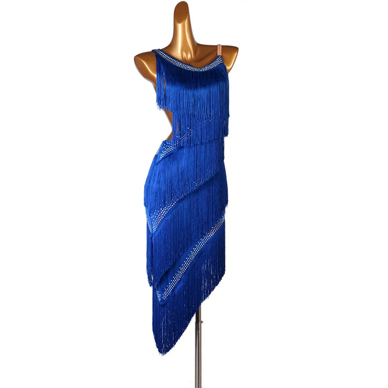 Blue Fringe Dance Dress For Latin Performance Women Cha Cha Dancing Clothes Rumba Samba Stage Clothes Adult Latin Dancewear 5196