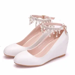 Fashion Spring Autumn Women's Pumps String Bead Round Toe Buckle Strap PU 5CM Wedges high heels Mature Girls Women Shoes white