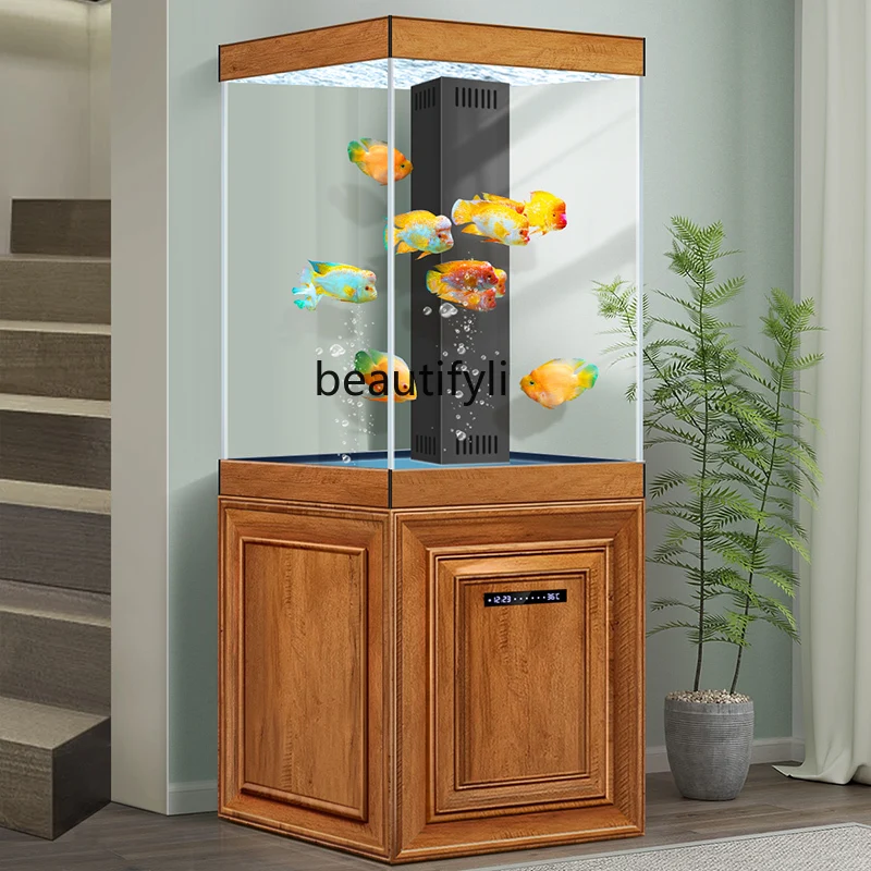 

New wood grain bottom filter aquarium ultra-white glass intelligent constant temperature ecological water-free goldfish tank