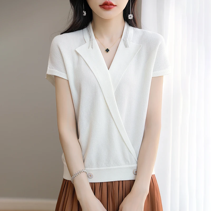 Summer New Women Wool Silk Tees Sweater Short-sleeved Ladies Tailored Collar Crisscross T-shirt Pullover Casual Knit Soft Top