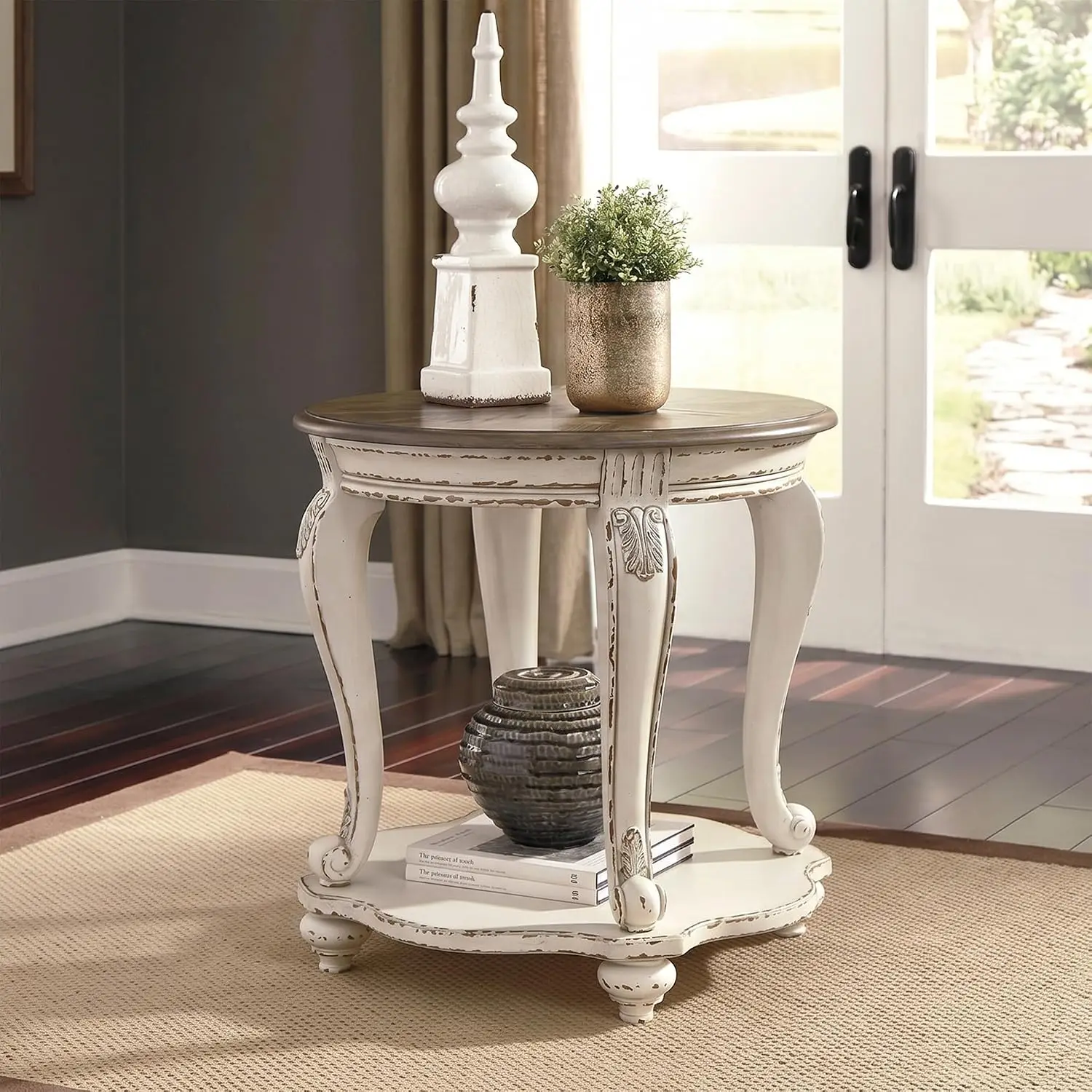 French Country Round End Table Wood Accent Side Table Storage Shelf Fixed Lower Display Shelf Bedside Nightstand For Living Room Bedroom Cottage White Brown