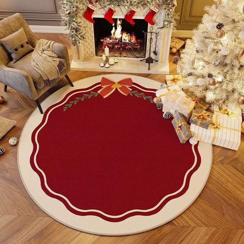 VIKAMA Round Christmas Area Rug Xmas Bow Wreath Merry Christmas Print Non‑Slip Floor Mat for Living Room Holiday Home Decor