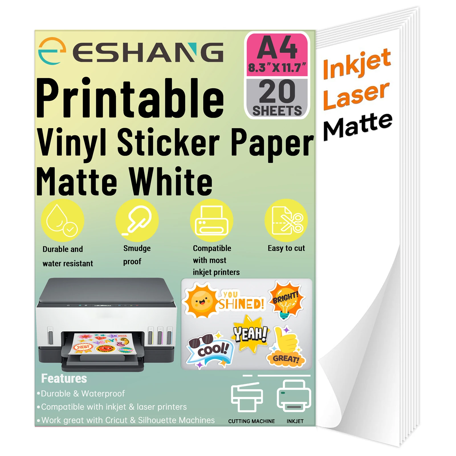 20 Sheets A4 Size Printable Vinyl Sticker Paper White Matte Waterproof Sticker Paper 8.3' X 11.7' for Inkjet and Laser Printer