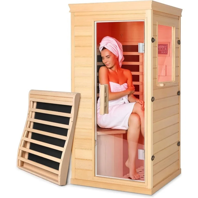

1 Person Infrared Sauna with Backrest, Mini Traditional Indoor Dry Sauna for Home 4 Full Spectrum Heaters Panels, Bluetooth Spea