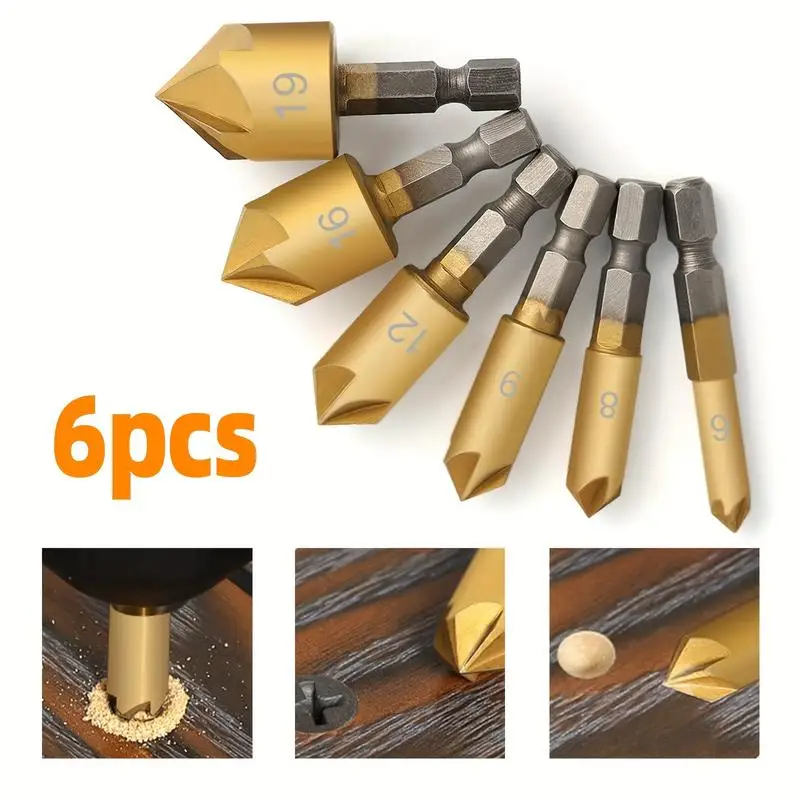

6pcs Hexagonal Handle Titanium Plated 5 Edge Chamfer Reaming Drill Set High Speed Steel 6 To 19mm Woodworking