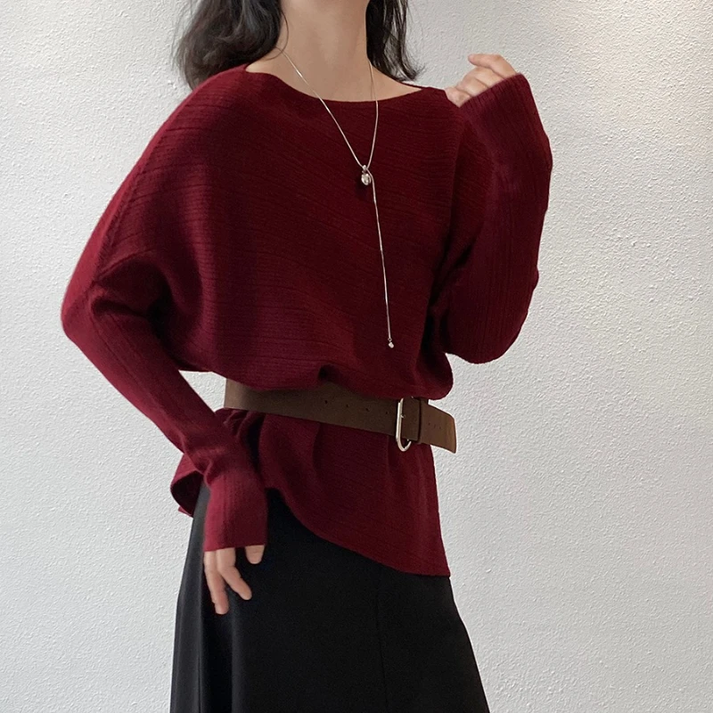 بلوزة كورية متماسكة بدون أكتاف، بلوزة بحزام بأكمام طويلة للنساء في أوائل الخريف أنيقة