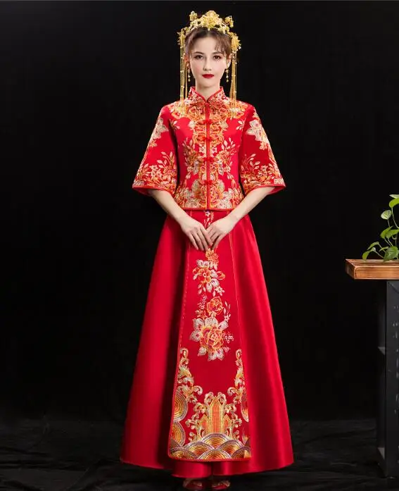 

Red Cheongsam Phoenix Chinese Traditional Wedding Dress Oriental Summer Bride Tang Women Embroidery