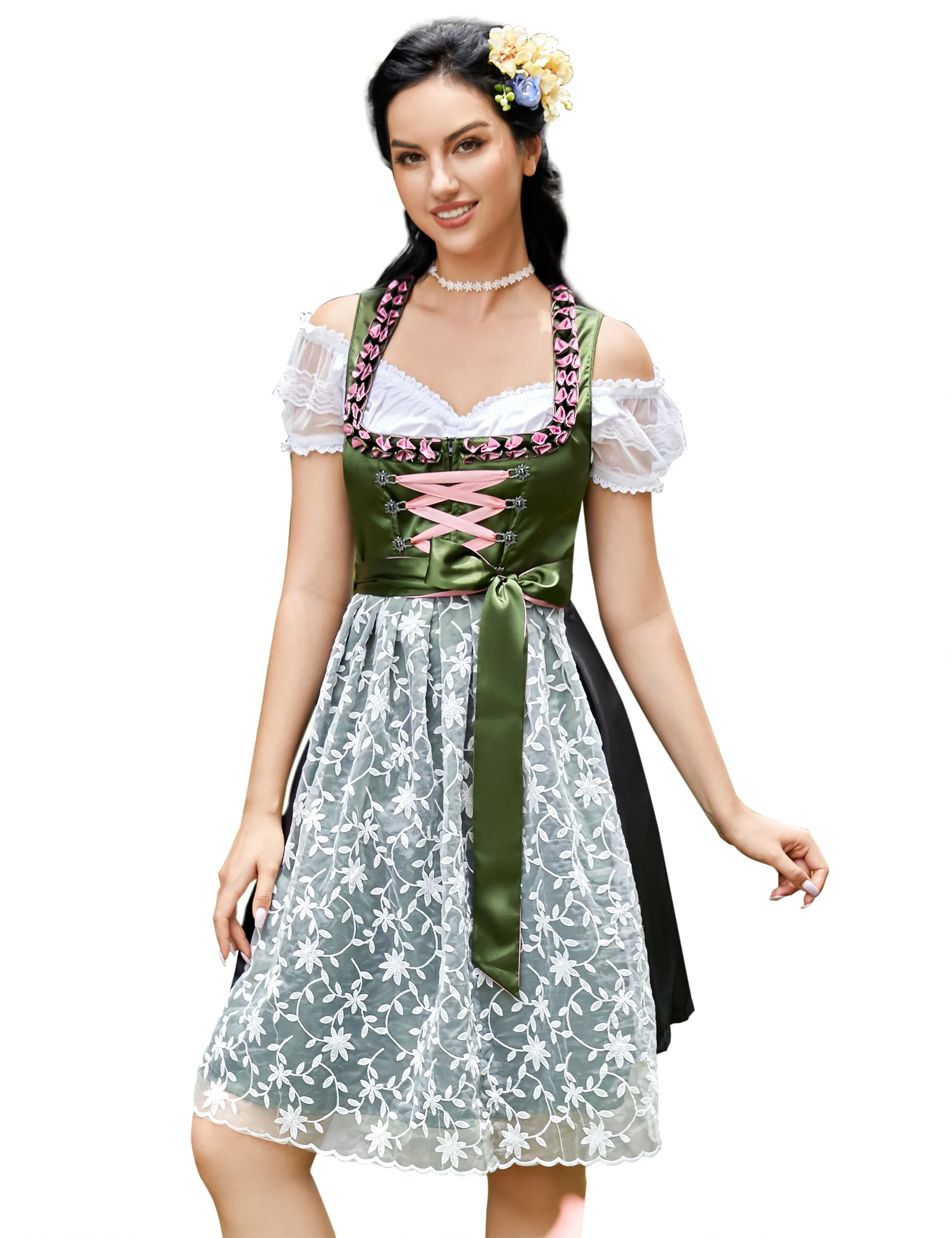 KOJOOIN Women's Dirndl Short Dress with Lace Apron 2 Pieces Oktoberfest Sizes 6-14 (Reusable Packaging) Ladies German Dirndl Dre