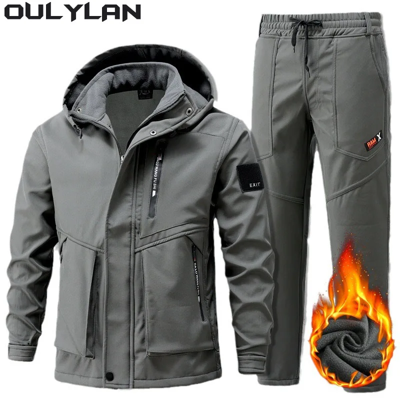 Oulylan Waterproof Tactical Winter Set Men\'s Military Waterproof Suit Multi-Pocket Soft Shell Hooded Jackets Work Pants