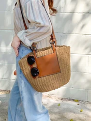 Fashion Straw Bucket Shoulder Bag Women Designer Rope Braided Woman Tote Bag Summer Pu Stitching Large Large Messenger Bag Lady