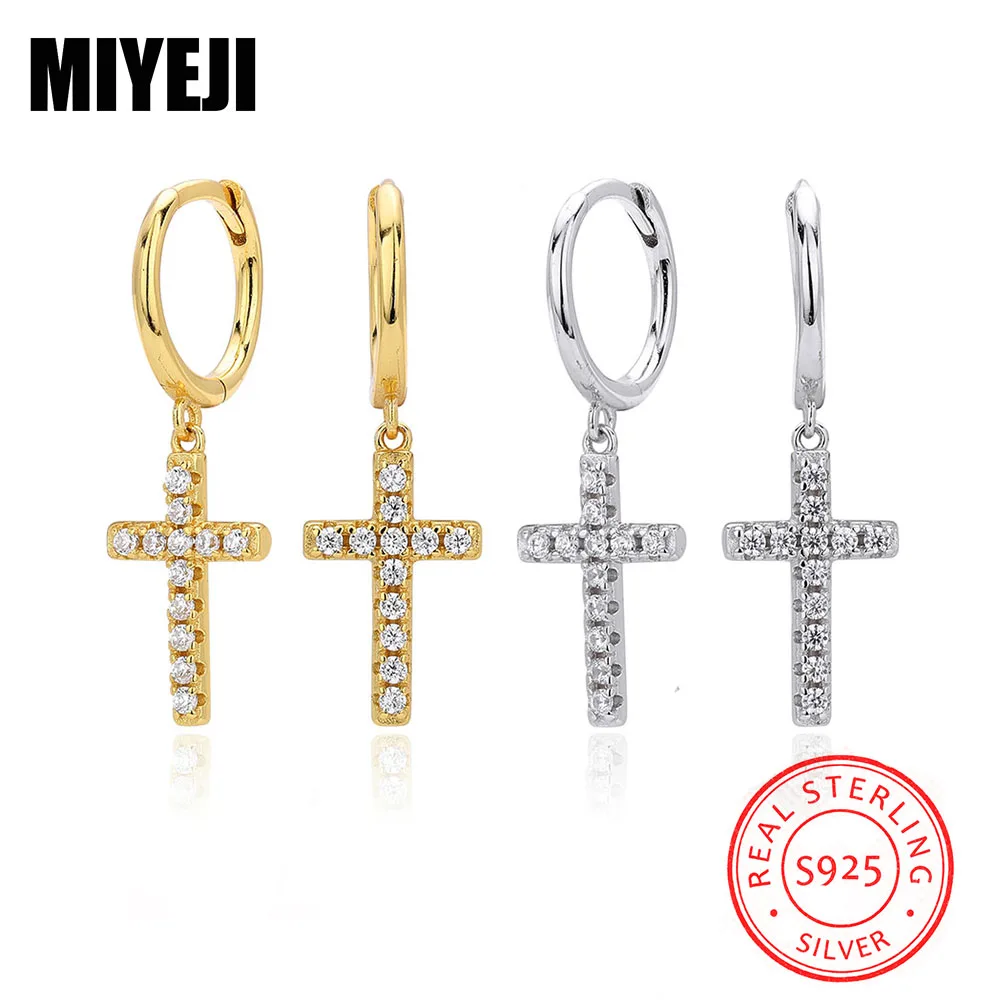 MIYEJI Real S925 Sterling Silver CZ Zircon Cross Pendant Hoop Earrings For Women Daily Wear Vintage Fine Jewelry Accessible