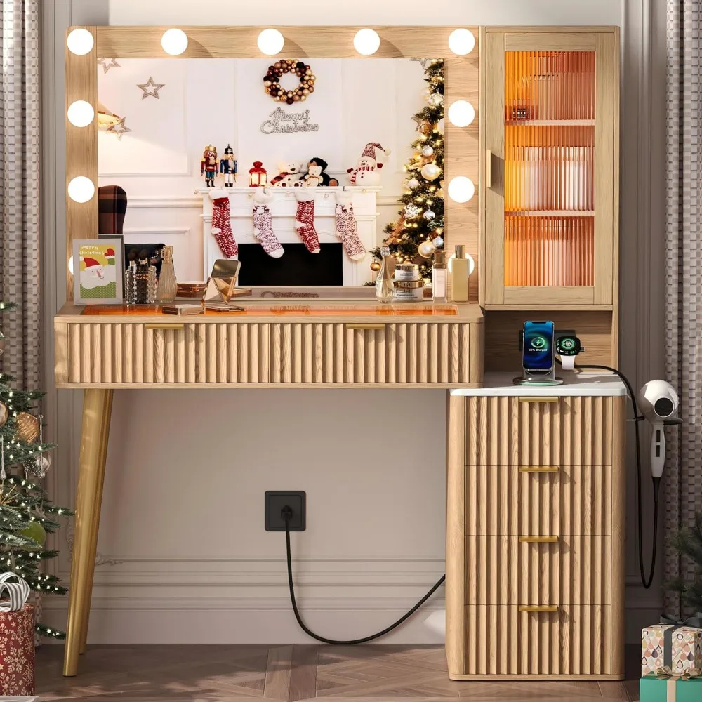 

47.6 Fluted Vanity Desk with Mirror and Adjustable LED Lighte, Large 6 Drawers Makeup Table with Clear Glass Top, Charging Stati