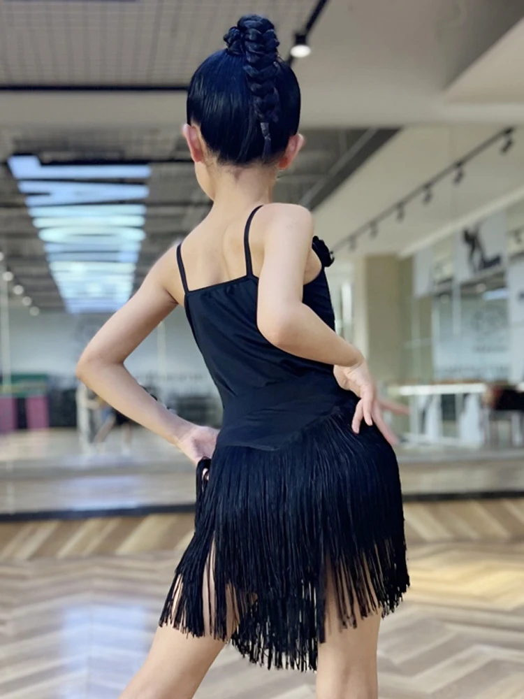 2024 Latin Dance Dress Girls Black Fringe Dress Suspender Suit Cha Cha Rumba Dance Costume Kids Latin Competition Wear DNV20485