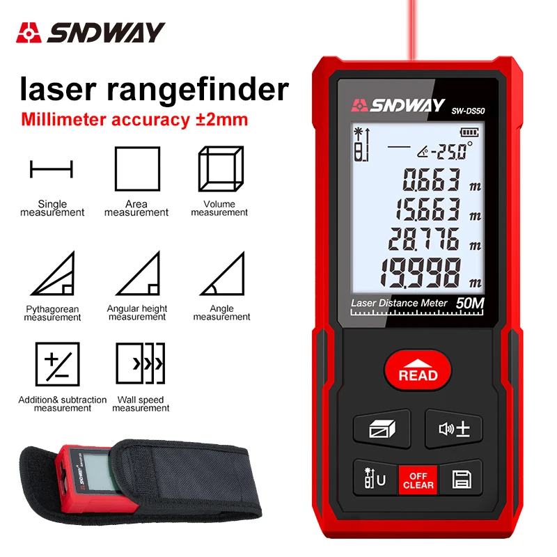 SNDWAY Laser Distance Meter Digital Measuring Instrument Built-in Self-Calibration High Accuracy for Construction Home Use
