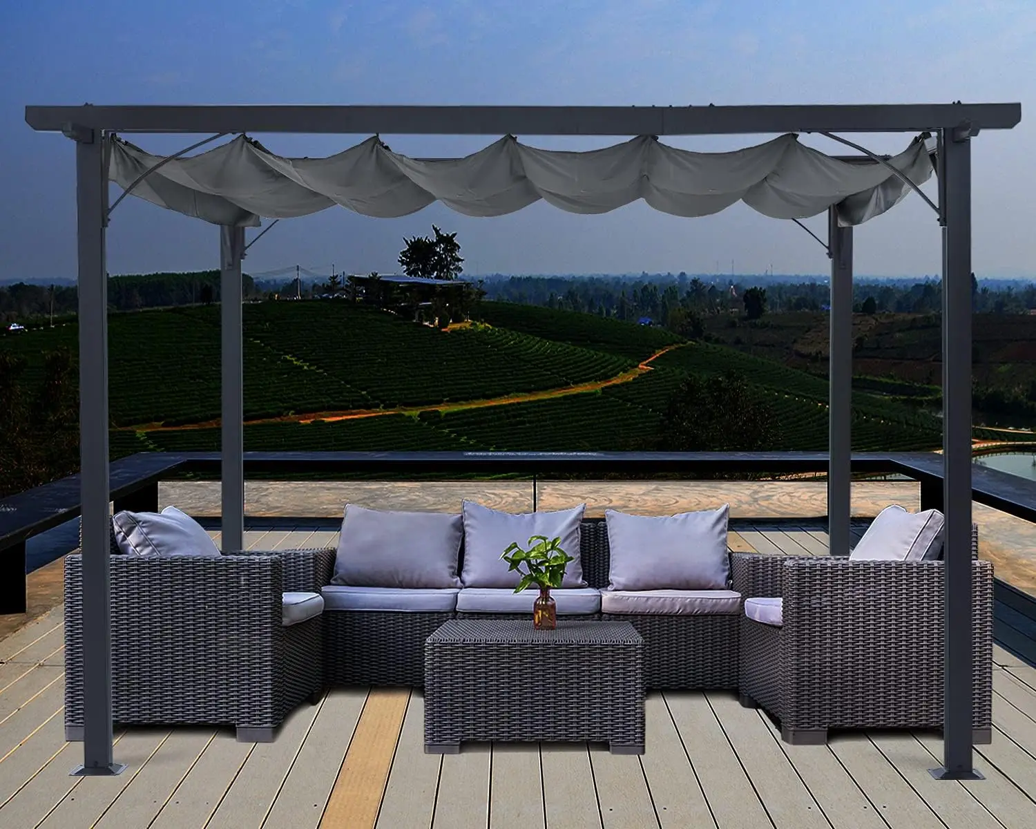 Patio Pergola 11x11 Outdoor Sun Shade Canopy with Retractable Shade for Garden Porch Backyard Dark Gray Durable Fabric