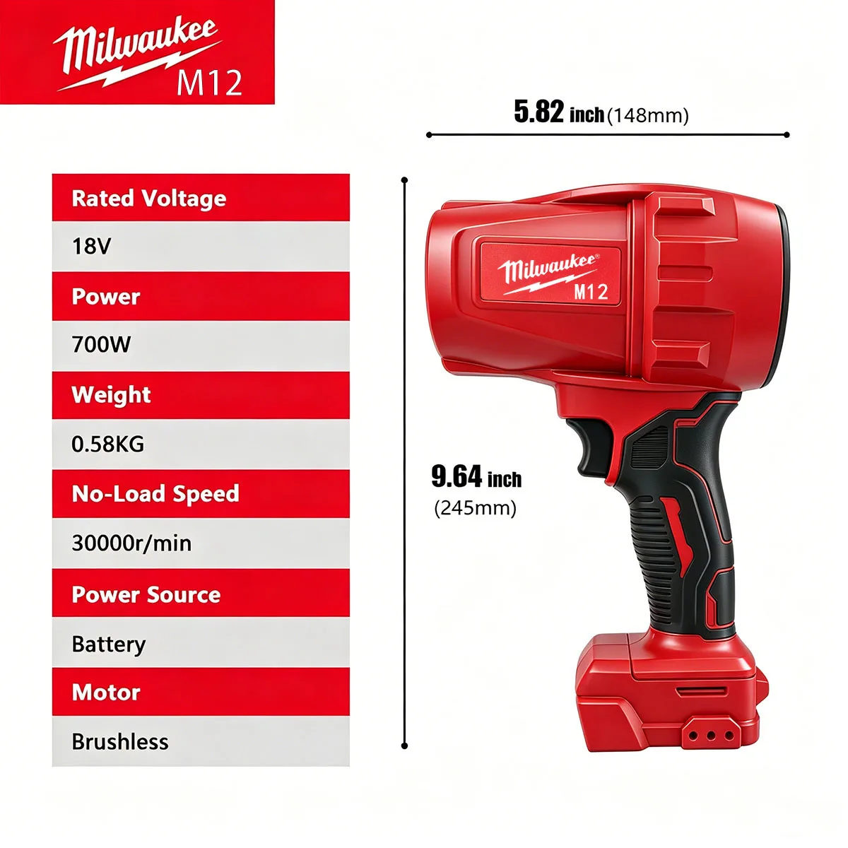 Milwaukee M12 Cordless Blower 700W 30000RPM Brushless Motor Leaf Blower for Snow Removal Dust Cleaning Variable Speed Tool Only