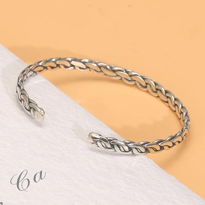 S925 sterling silver hand-woven bracelet casual heavy industry hemp rope cable stitch bracelet k-style student jewelry