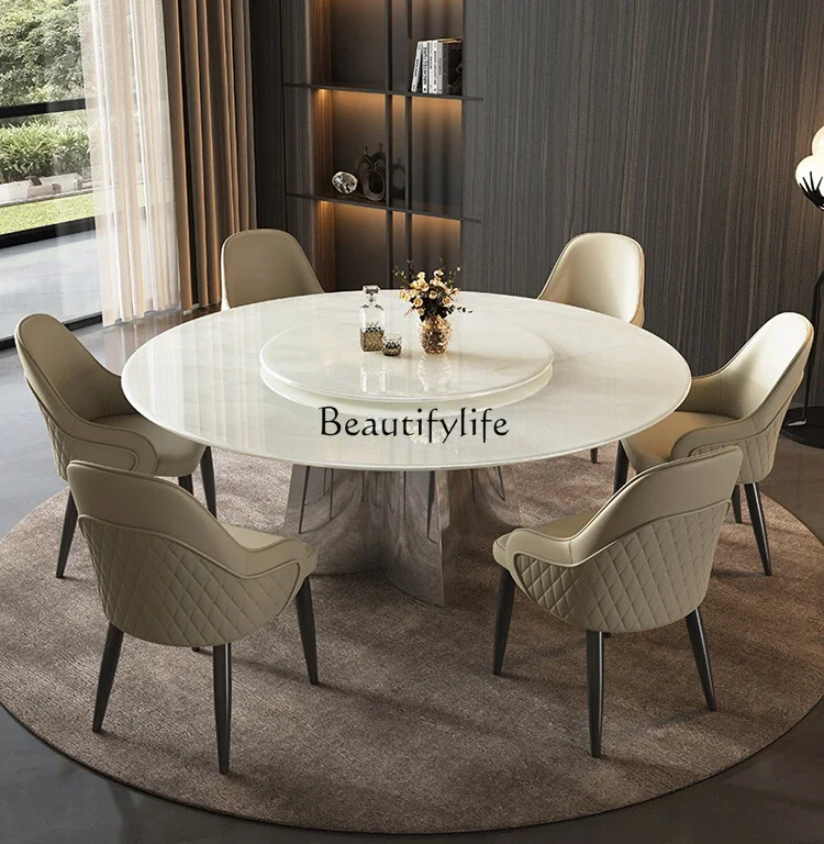 

Natural white ice jade luxury stone dining table light luxury high-end marble round dining table with turntable