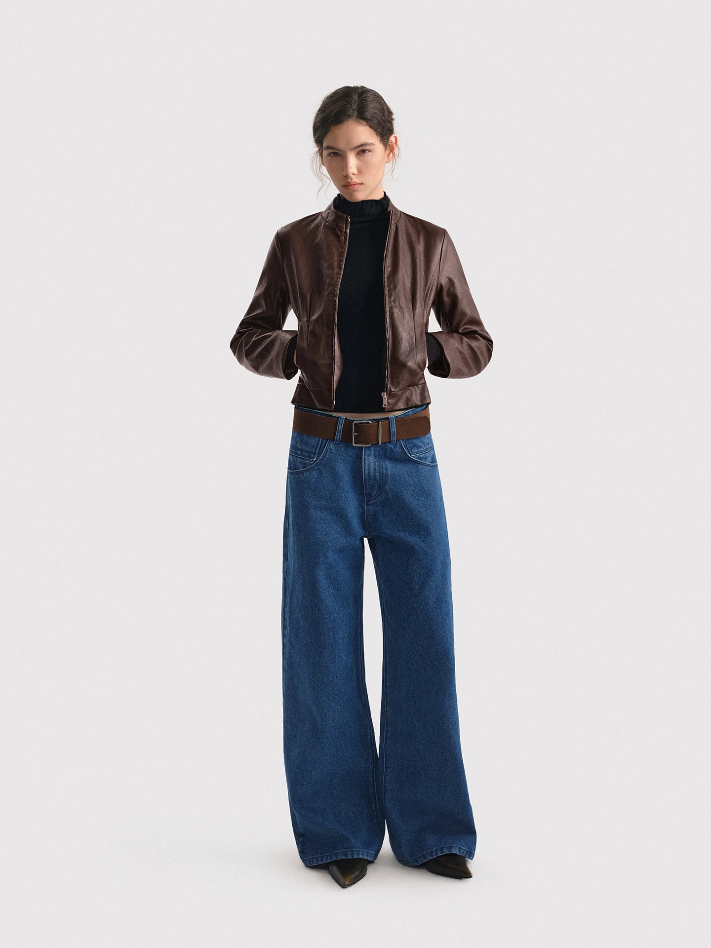 Brown Short Stand Collar Biker Jacket Women Slim Fit Zipper Motorcycle Jacket Fashionable Vintage Style Leather Coat