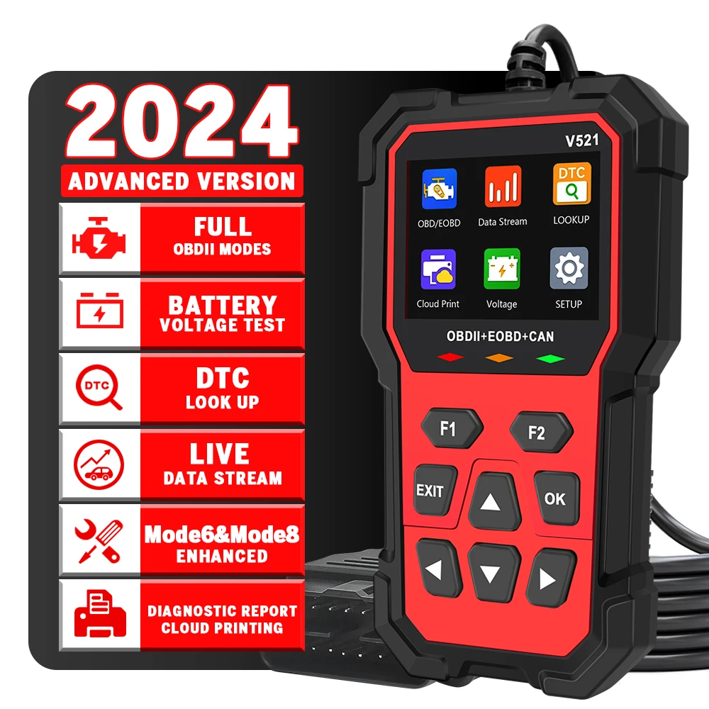 

V521 Автомобильный сканер OBD2, диагностический инструмент, считыватель кодов, напряжение батареи, сканер кода неисправностей двигателя, тестер зарядки, диагностический инструмент