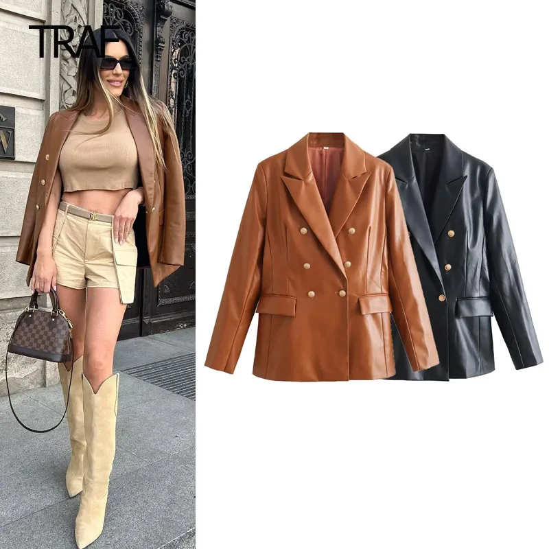 TRAF Leather Blazers Women\'s Blazer Autumn 2023 Long Sleeve Jacket New In Outerwear Simple Cheap Stylish Blazer Office Wear