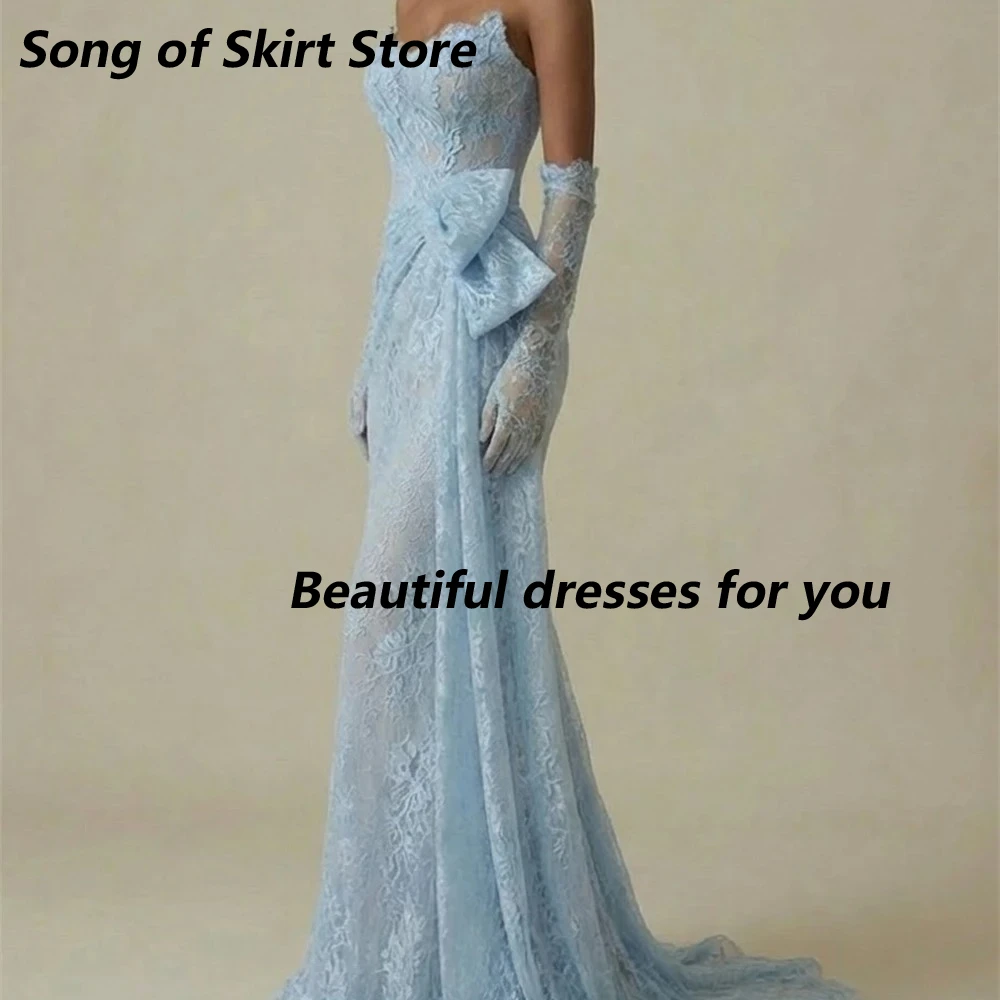 Elegante Vestido de Noche Azul Celeste con Encaje, Personalizado, sin Tirantes, Estilo Sirena, con Pliegues y Lazo, Largo hasta el Suelo, para Fiesta Formal, Vestidos de Noche