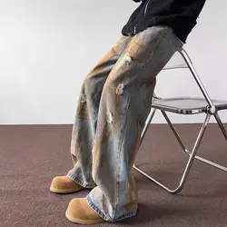 Tie Dye Ripped Jeans Men's Straight Leg Trendy Brand Retro and Cool Casual Hip-hop High Street Pants