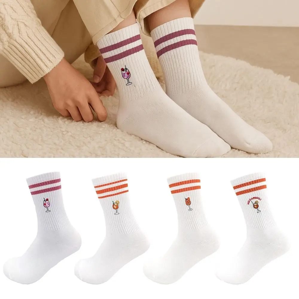 

New Cotton Pilates Socks Breathable Harajuku Street Cherry Embroidery Socks Non-Slip Grip Sweat-absorbent Mid Tube Socks