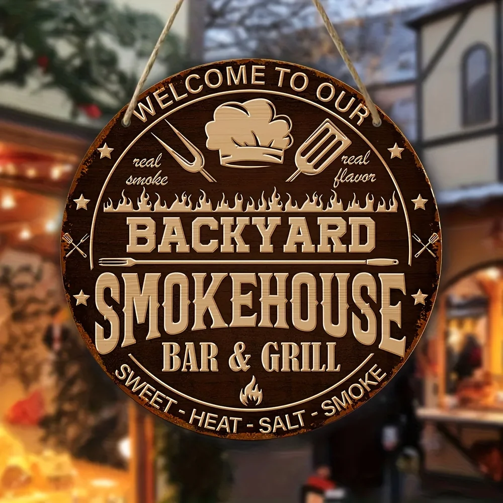 Letrero vintage para casa de ahumador de barbacoa, decoración de pared redonda de madera artificial con texto en inglés y diseño temático de barbacoa, tablero colgante impreso UV