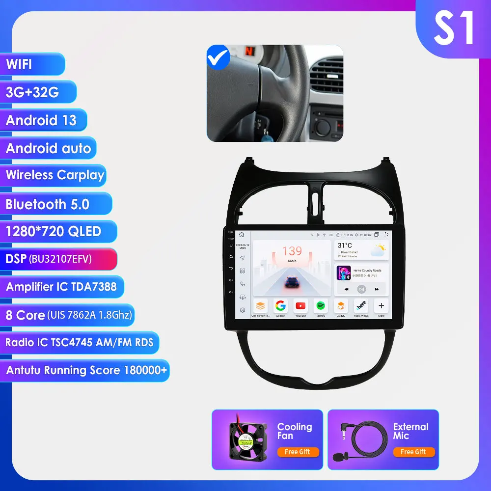 9'' 2din 7862 Draadloze Carplay Android Auto Intelligente autoradio voor PEUGEOT 206 206CC 206SW 2000 - 2008 Multimedia speler GPS