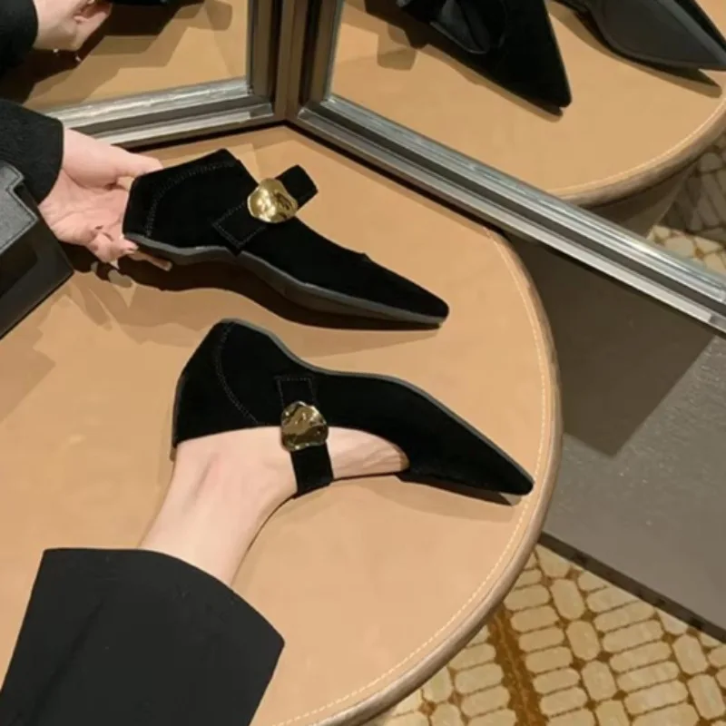 Suede Mary Jane Women's All-match Pointed Toe Shallow Mouth One Strap Kitten Heel Block Heel Single