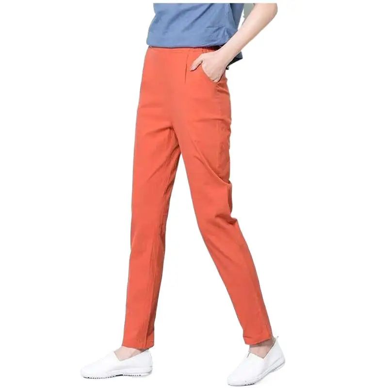 

2024 Summer Vintage Ankle-Length Trousers Women High Waist Loose Causal Cotton Linen Pencil Pants Orange Black Mint