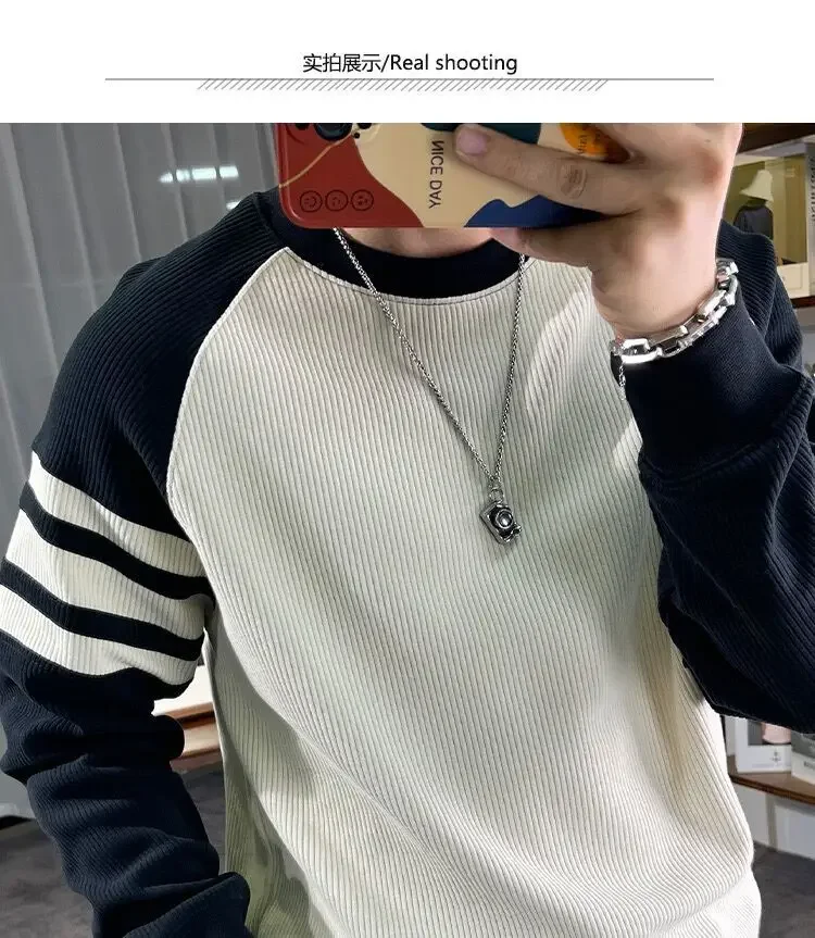 New Men's Long Sleeved Round Neck Pullover Casual Base Sweater with Vertical Stripe Splicing Contrasting Color Sweatshirt XJ170