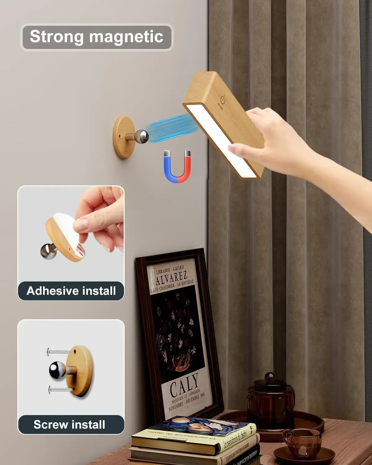Nordic Wood Wall Lamp With 360 Rotation Dimmable  Sconce Magnetic For Bedroom Cordless  Mount Light  Reading