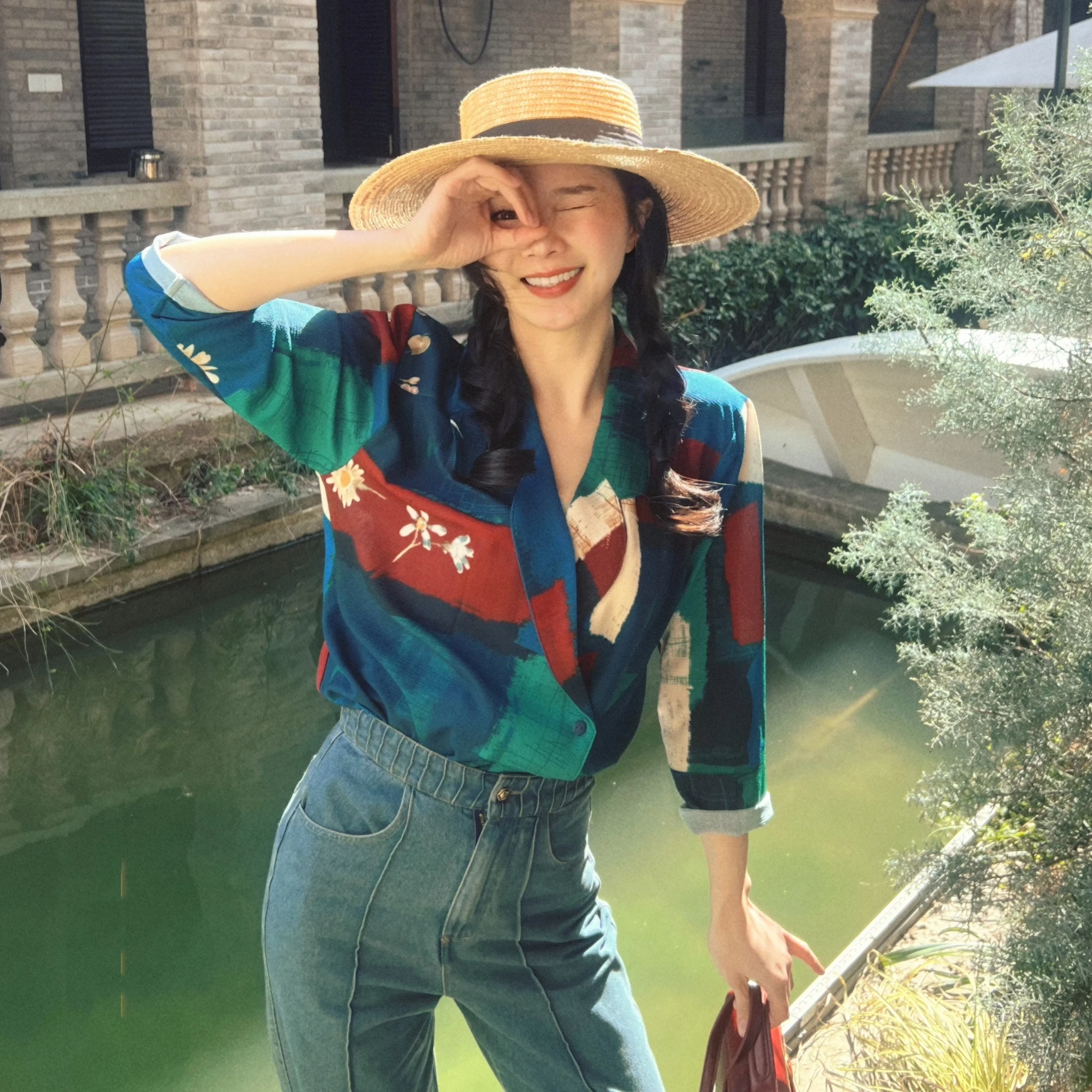 

Vintage Hong Kong Sle Long Sve Abstract Sun Protection Color Blo irt Original Design Straight Cut Button up Polyeste...