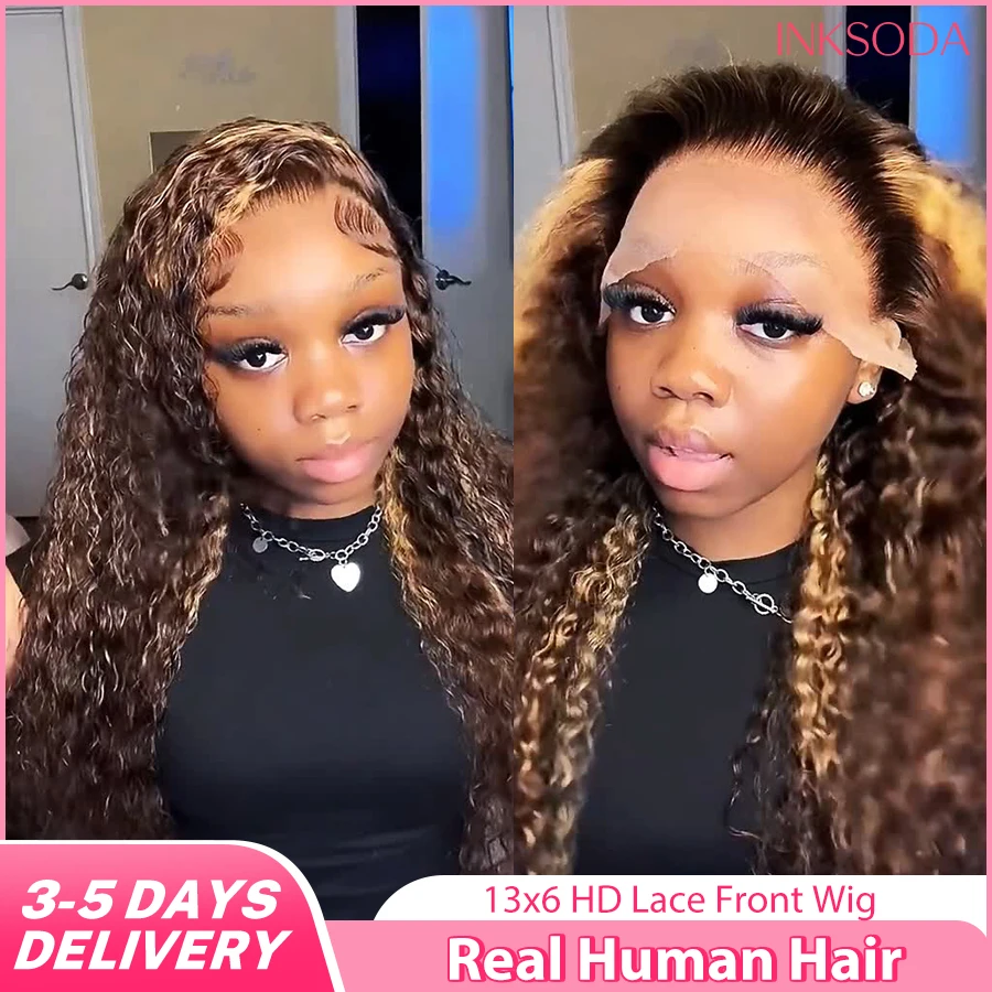 

220% Density 16-36 Inch Highlight Curly Wig Deep Wave 13x4 13x6 HD Lace Frontal Wig Human Hair Colored P4/27 Ombre Brown Blonde Lace Front Wigs For Women Brazilian Human Hair Colored Wigs Pre-Plucked Prebleached Curly Human Hair Wigs