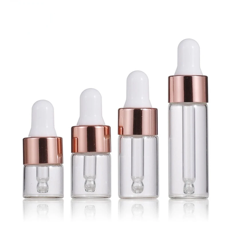 10 Stück Mini-Tropfflaschen aus Glas, leer, ätherisches Öl, Aromatherapie-Flaschen, 1 ml, 2 ml, 3 ml, 5 ml, Roségold-Kappe, Pipettenflaschen – Detail 1